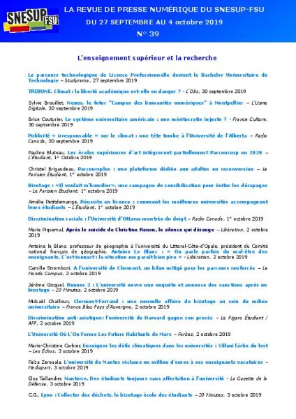 LA REVUE DE PRESSE NUMÉRIQUE DU SNESUP-FSU - Du 27 septembre au 4 octobre 2019 - N° 39