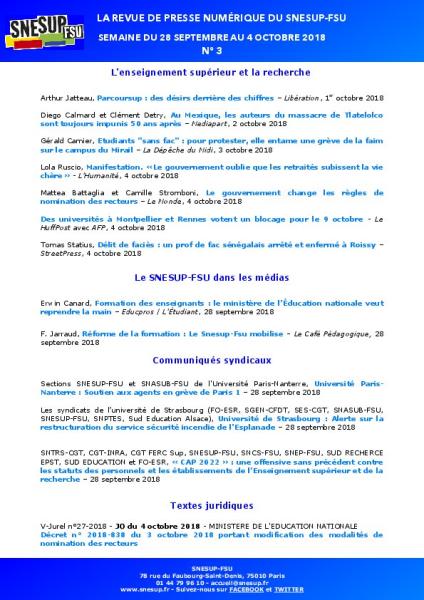 LA REVUE DE PRESSE NUMÉRIQUE DU SNESUP-FSU - Semaine du 28 septembre au 4 octobre 2018 - N° 3