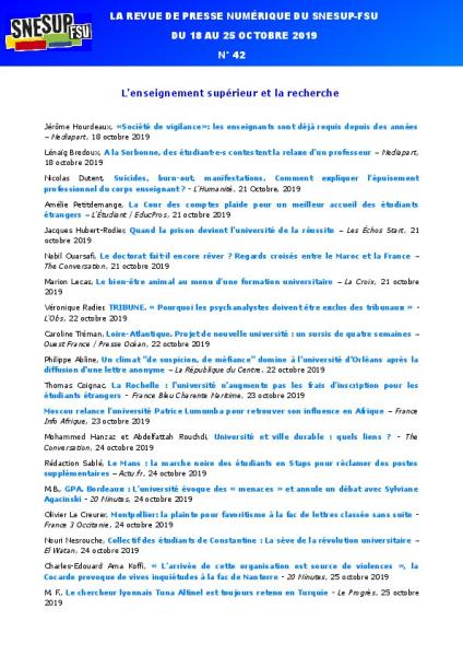 LA REVUE DE PRESSE NUMÉRIQUE DU SNESUP-FSU - Du 18 au 25 octobre 2019 - N° 42