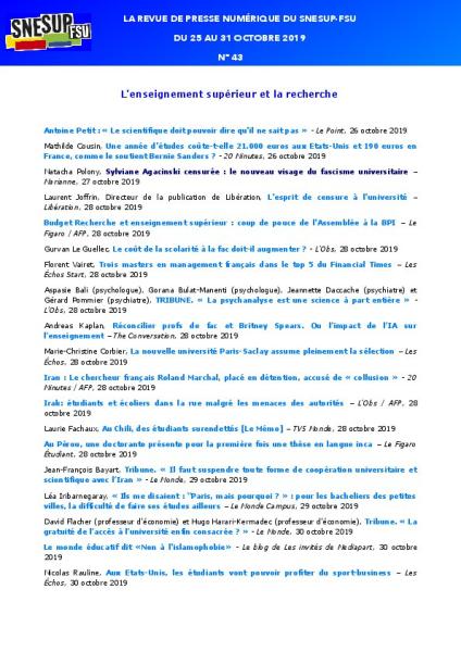 LA REVUE DE PRESSE NUMÉRIQUE DU SNESUP-FSU - Du 25 au 31 octobre 2019 - N° 43