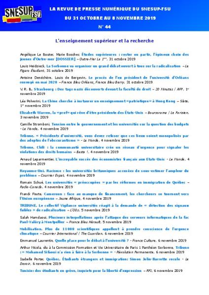LA REVUE DE PRESSE NUMÉRIQUE DU SNESUP-FSU - Du 31 octobre au 8 novembre 2019 - N° 44