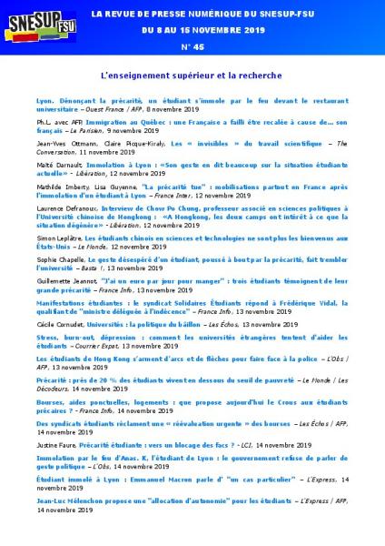 LA REVUE DE PRESSE NUMÉRIQUE DU SNESUP-FSU - Du 8 au 15 novembre 2019 - N° 45