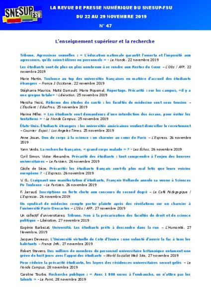 LA REVUE DE PRESSE NUMÉRIQUE DU SNESUP-FSU - Du 22 au 29 novembre 2019 - N° 47