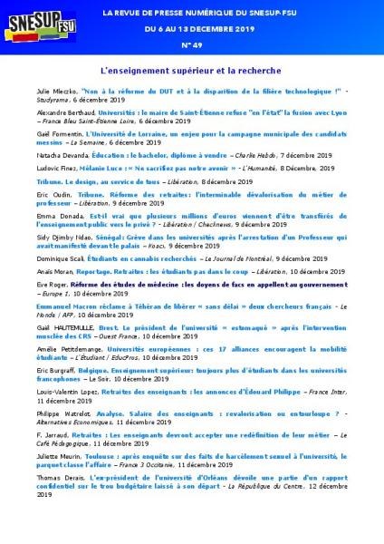 LA REVUE DE PRESSE NUMÉRIQUE DU SNESUP-FSU - Du 6 au 13 décembre 2019 - N° 49