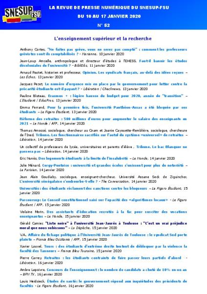 LA REVUE DE PRESSE NUMÉRIQUE DU SNESUP-FSU - Du 10 au 17 janvier 2020 - N° 52