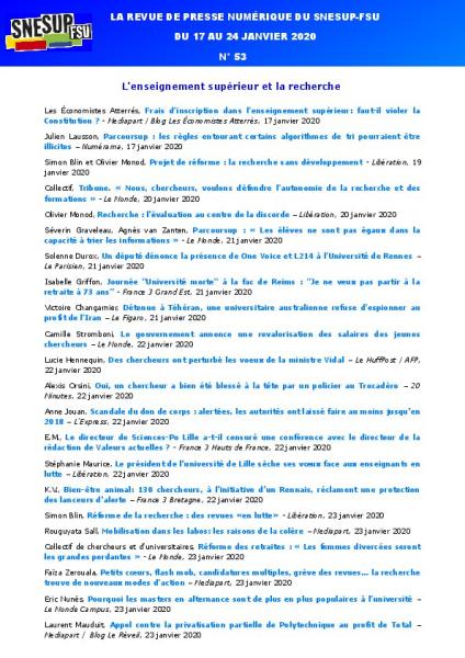 LA REVUE DE PRESSE NUMÉRIQUE DU SNESUP-FSU - Du 17 au 24 janvier 2020 - N° 53