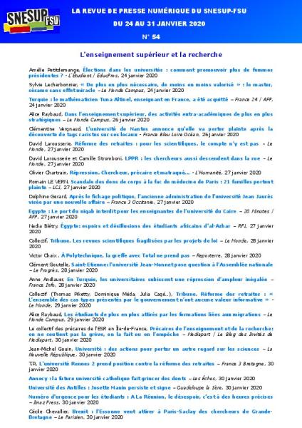 LA REVUE DE PRESSE NUMÉRIQUE DU SNESUP-FSU - Du 24 au 31 janvier 2020 - N° 54