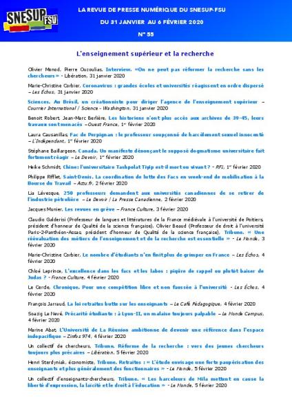 LA REVUE DE PRESSE NUMÉRIQUE DU SNESUP-FSU - Du 31 janvier au 6 février 2020 - N° 55