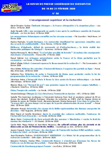LA REVUE DE PRESSE NUMÉRIQUE DU SNESUP-FSU - Du 14 au 21 février 2020 - N° 56