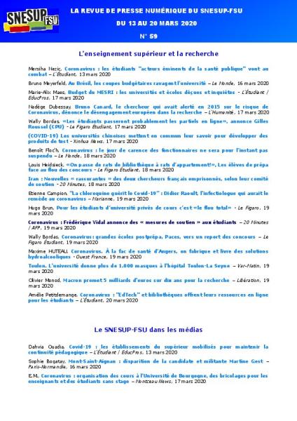 LA REVUE DE PRESSE NUMÉRIQUE DU SNESUP-FSU - Du 13 au 20 mars 2020 - N° 59