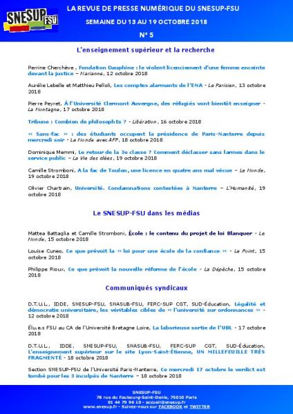 LA REVUE DE PRESSE NUMÉRIQUE DU SNESUP-FSU - Semaine du 13 au 19 octobre 2018 - N° 5