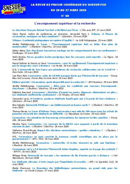 LA REVUE DE PRESSE NUMÉRIQUE DU SNESUP-FSU - Du 20 au 27 mars 2020 - N° 60