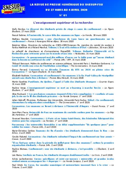 LA REVUE DE PRESSE NUMÉRIQUE DU SNESUP-FSU - Du 27 mars au 3 avril 2020 - N° 61