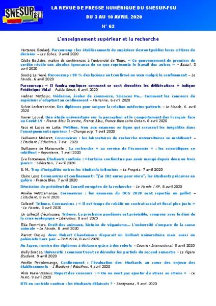 LA REVUE DE PRESSE NUMÉRIQUE DU SNESUP-FSU - Du 3 au 10 avril 2020 - N° 62