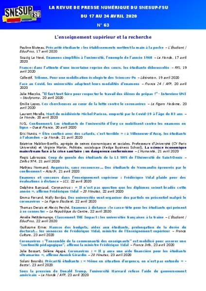 LA REVUE DE PRESSE NUMÉRIQUE DU SNESUP-FSU - Du 17 au 24 avril 2020 - N° 63