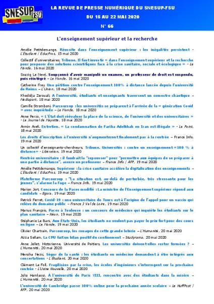 LA REVUE DE PRESSE NUMÉRIQUE DU SNESUP-FSU - Du 15 au 22 mai 2020 - N° 66