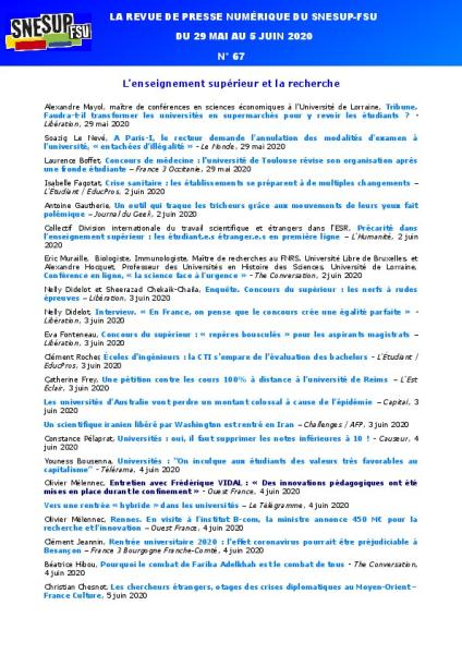 LA REVUE DE PRESSE NUMÉRIQUE DU SNESUP-FSU - Du 29 mai au 5 juin 2020 - N° 67