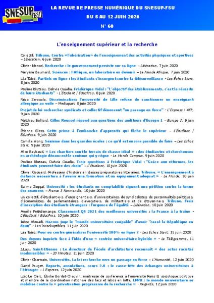 LA REVUE DE PRESSE NUMÉRIQUE DU SNESUP-FSU - Du 5 au 12 juin 2020 - N° 68