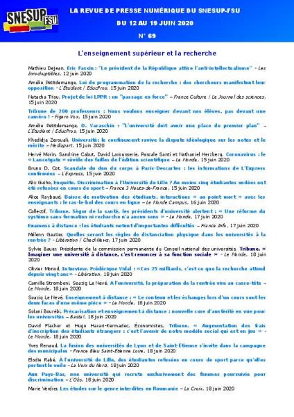 LA REVUE DE PRESSE NUMÉRIQUE DU SNESUP-FSU - Du 12 au 19 juin 2020 - N° 69