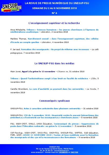 LA REVUE DE PRESSE NUMÉRIQUE DU SNESUP-FSU - Semaine du 2 au 8 novembre 2018 - N° 6