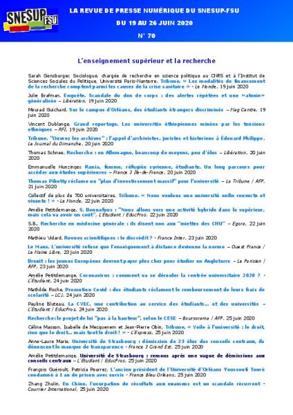LA REVUE DE PRESSE NUMÉRIQUE DU SNESUP-FSU - Du 19 au 26 juin 2020 - N° 70