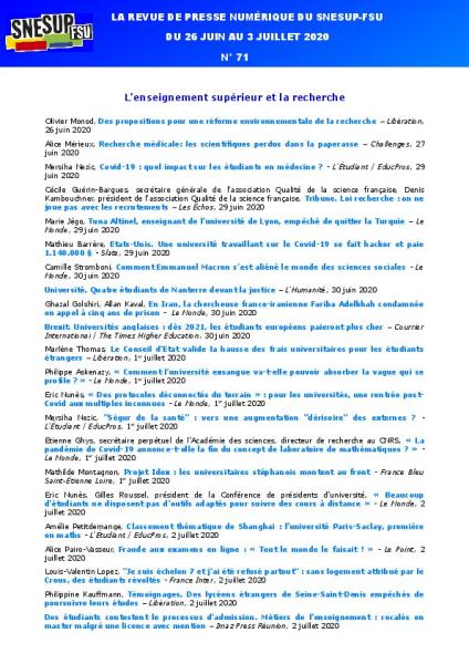 LA REVUE DE PRESSE NUMÉRIQUE DU SNESUP-FSU - Du 26 juin au 3 juillet 2020 - N° 71
