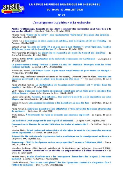 LA REVUE DE PRESSE NUMÉRIQUE DU SNESUP-FSU - Du 10 au 17 juillet 2020 - N° 72