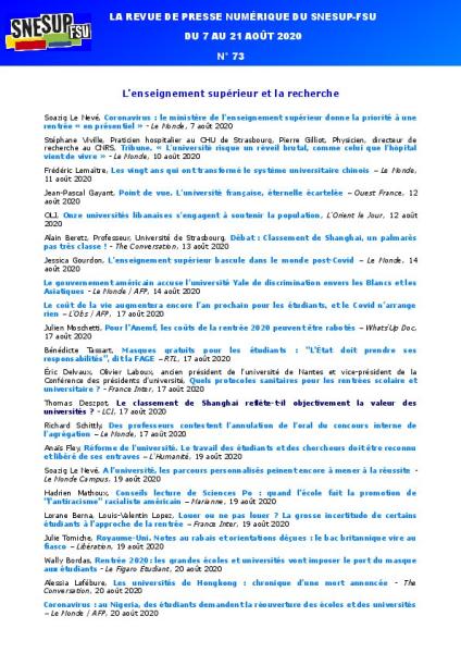 LA REVUE DE PRESSE NUMÉRIQUE DU SNESUP-FSU - Du 7 au 21 août 2020 - N° 73