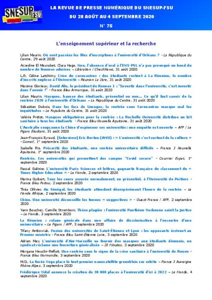 LA REVUE DE PRESSE NUMÉRIQUE DU SNESUP-FSU - Du 28 août au 4 septembre 2020 - N° 75