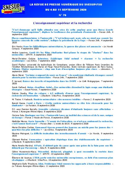 LA REVUE DE PRESSE NUMÉRIQUE DU SNESUP-FSU - Du 4 au 11 septembre 2020 - N° 76