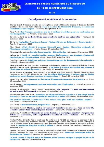LA REVUE DE PRESSE NUMÉRIQUE DU SNESUP-FSU - Du 11 au 18 septembre 2020 - N° 77