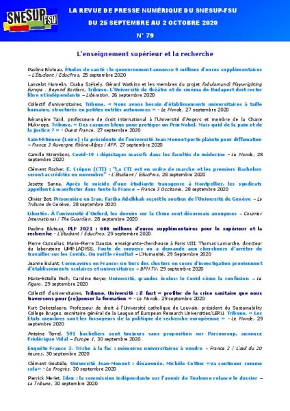 LA REVUE DE PRESSE NUMÉRIQUE DU SNESUP-FSU - Du 25 septembre au 2 octobre 2020 - N° 79