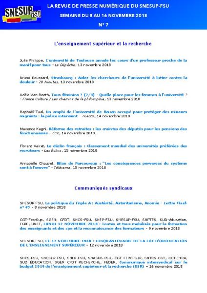 LA REVUE DE PRESSE NUMÉRIQUE DU SNESUP-FSU - Semaine du 8 au 16 novembre 2018 - N° 7