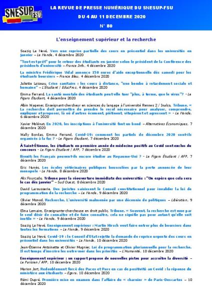 LA REVUE DE PRESSE NUMÉRIQUE DU SNESUP-FSU - Du 4 au 11 décembre 2020 - N° 80