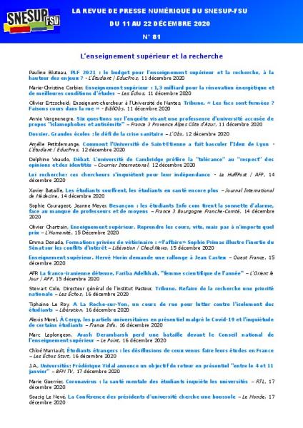 LA REVUE DE PRESSE NUMÉRIQUE DU SNESUP-FSU - Du 11 au 22 décembre 2020 - N° 81
