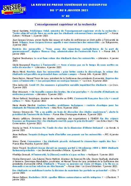 LA REVUE DE PRESSE NUMÉRIQUE DU SNESUP-FSU - Semaine du 1er au 8 janvier 2021 - N° 82