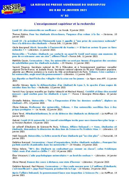 LA REVUE DE PRESSE NUMÉRIQUE DU SNESUP-FSU - Semaine du 8 au 15 janvier 2021 - N° 83