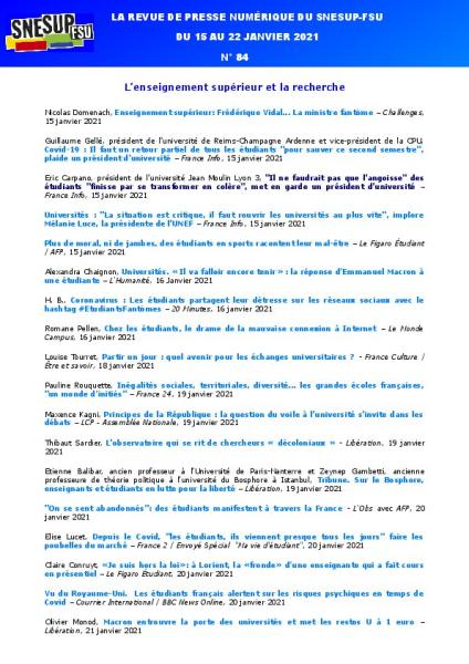 LA REVUE DE PRESSE NUMÉRIQUE DU SNESUP-FSU - Semaine du 15 au 22 janvier 2021 - N° 84