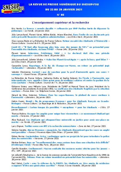 LA REVUE DE PRESSE NUMÉRIQUE DU SNESUP-FSU - Semaine du 22 au 29 janvier 2021 - N° 85
