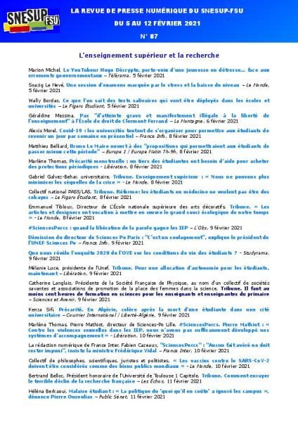 LA REVUE DE PRESSE NUMÉRIQUE DU SNESUP-FSU - Semaine du 5 au 12 février 2021 - N° 87