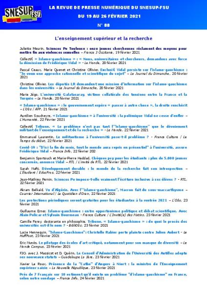 LA REVUE DE PRESSE NUMÉRIQUE DU SNESUP-FSU - Semaine du 19 au 26 février 2021 - N° 88