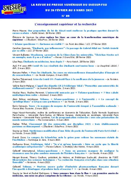 LA REVUE DE PRESSE NUMÉRIQUE DU SNESUP-FSU - Semaine du 26 février au 5 mars 2021 - N° 89
