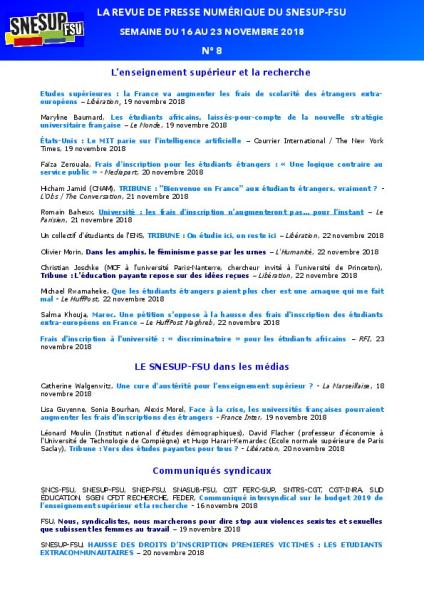 LA REVUE DE PRESSE NUMÉRIQUE DU SNESUP-FSU - Semaine du 16 au 23 novembre 2018 - N° 8