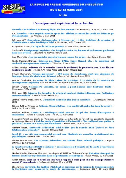 LA REVUE DE PRESSE NUMÉRIQUE DU SNESUP-FSU - Semaine du 5 au 12 mars 2021 - N° 90