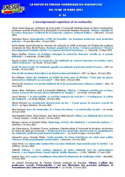LA REVUE DE PRESSE NUMÉRIQUE DU SNESUP-FSU - Semaine du 12 au 19 mars 2021 - N° 91