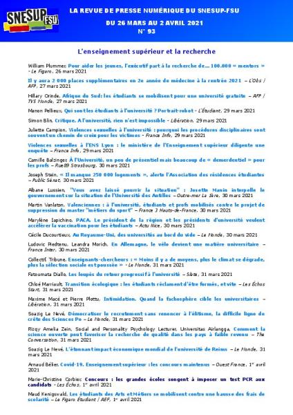 LA REVUE DE PRESSE NUMÉRIQUE DU SNESUP-FSU - Semaine du 26 mars au 2 avril 2021 - N° 93