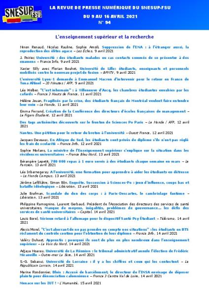 LA REVUE DE PRESSE NUMÉRIQUE DU SNESUP-FSU - Semaine du 9 au 16 avril 2021 - N° 94