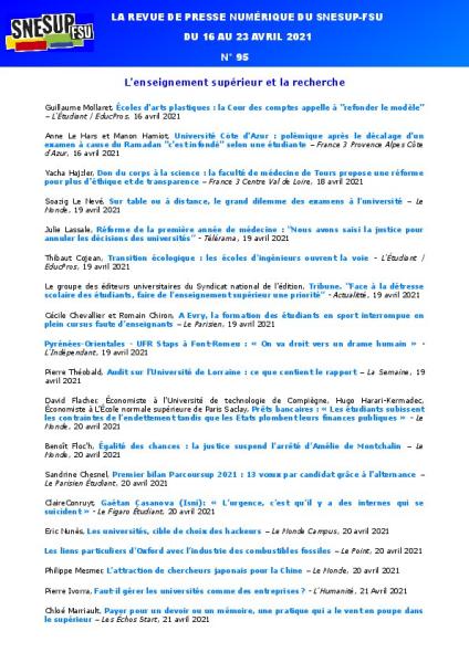 LA REVUE DE PRESSE NUMÉRIQUE DU SNESUP-FSU - Semaine du 16 au 23 avril 2021 - N° 95