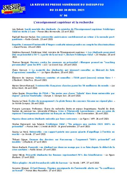 LA REVUE DE PRESSE NUMÉRIQUE DU SNESUP-FSU - Semaine du 23 au 30 avril 2021 - N° 96