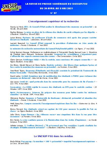 LA REVUE DE PRESSE NUMÉRIQUE DU SNESUP-FSU - Du 30 avril au 5 mai 2021 - N° 97